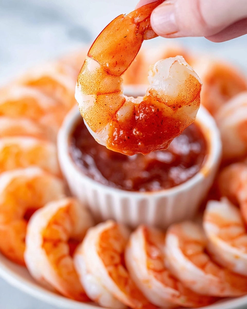 A close-up of a cooked shrimp held by a woman's hand, half dipped in a thick red sauce with visible seasoning. The shrimp is orange and white with a translucent texture. Surrounding the shrimp is a white plate with many cooked shrimp arranged in a circular pattern, all facing inward toward a white ramekin dish filled with red sauce in the middle. The background is a white marbled texture. Photo taken with an iphone --ar 4:5 --v 7