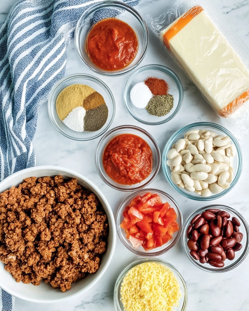 A white marble surface holds a variety of clear glass bowls filled with different ingredients arranged in a circular pattern. At the bottom left, a larger white bowl contains cooked ground meat with a crumbly texture and brown color. Around it, smaller bowls hold bright red tomato paste, deep red chili powder, creamy white beans in liquid, dark red kidney beans, chopped red tomatoes with seeds, yellow dry onion flakes, granulated white salt, ground black pepper, and a light yellow spice in powder form. Above these bowls lies a wrapped stick of butter with a white and orange wrapper, and a blue and white striped cloth draped diagonally on the left side. The composition is bright and organized, showing the raw elements before cooking photo taken with an iphone --ar 4:5 --v 7