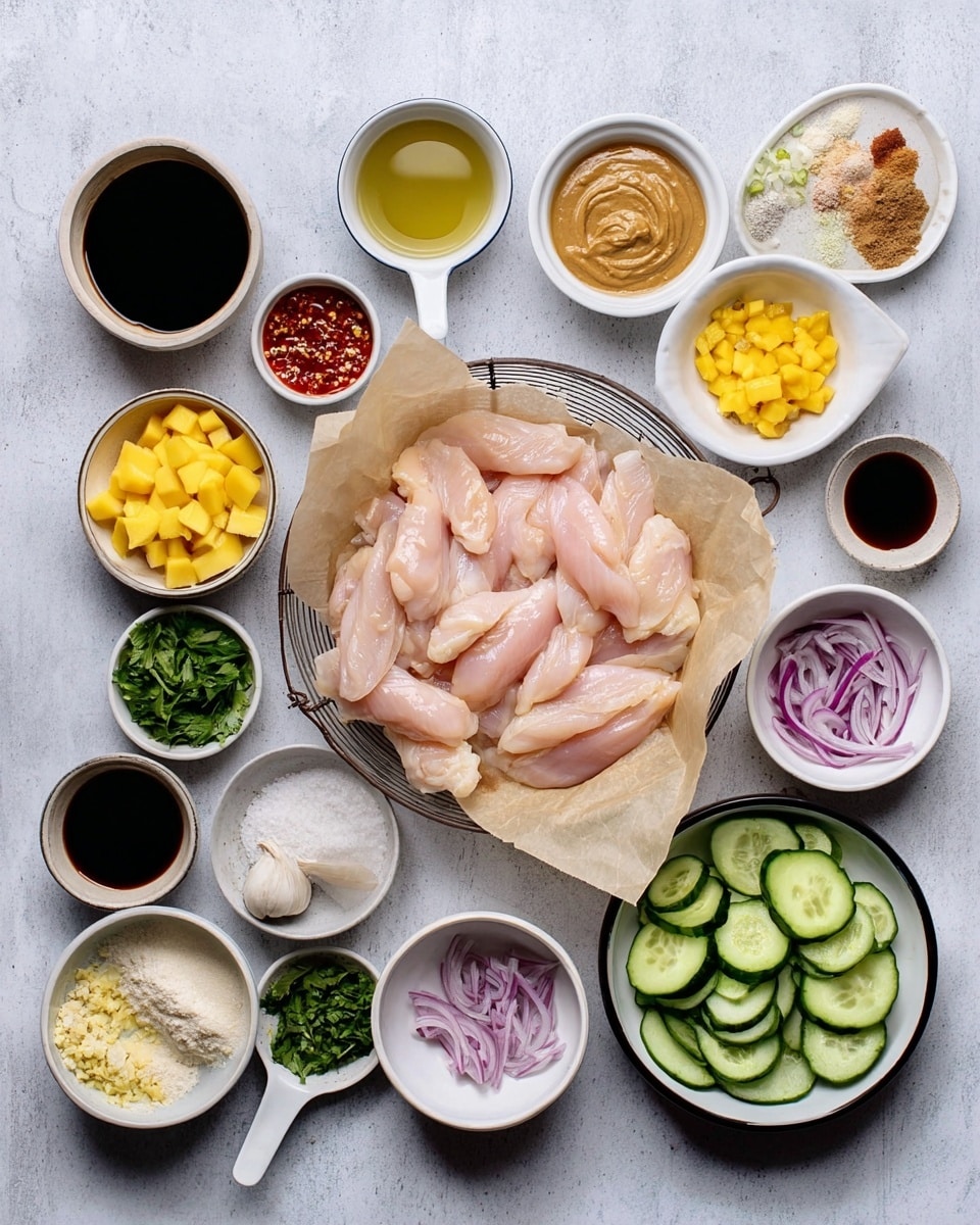 In the center, there is a wire basket lined with beige parchment paper holding many raw light pink chicken tenders. Surrounding the basket are 22 small white bowls and dishes with various ingredients, including sliced green cucumbers in a large white bowl at the bottom right, yellow diced mangoes in a white bowl with a black rim at the middle right, smooth light brown peanut butter in a white cup just above the mangoes, and thin purple sliced onions in a small white strainer near the cucumbers. Other bowls contain minced garlic, red chili paste, chopped green herbs, pale yellow grated ginger, dark soy sauce, white sugar, light brown powders, and various light-colored oils and sauces. All the items rest on a light grey white marbled textured surface, photo taken with an iphone --ar 4:5 --v 7