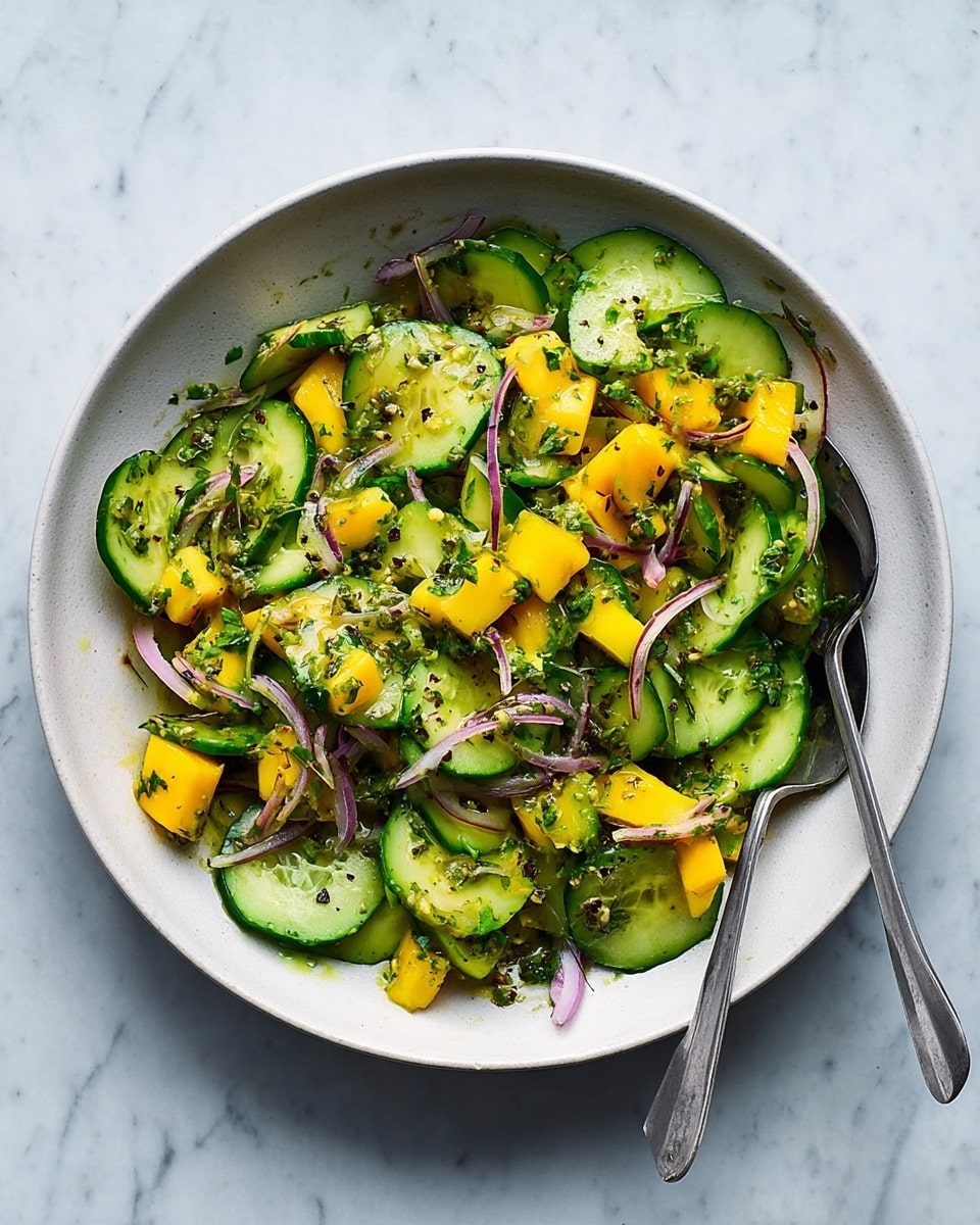 A round white bowl filled with three main layers of salad: bright green cucumber slices layered thickly across the whole bowl, scattered chunks of yellow mango adding pops of color evenly, and thin strands of red onion woven throughout. The salad is lightly coated with a green herb dressing, with small bits of chopped herbs sprinkled on top and visible in the layers. Two silver spoons rest inside the bowl on opposite sides. The bowl sits on a white marbled surface. photo taken with an iphone --ar 4:5 --v 7