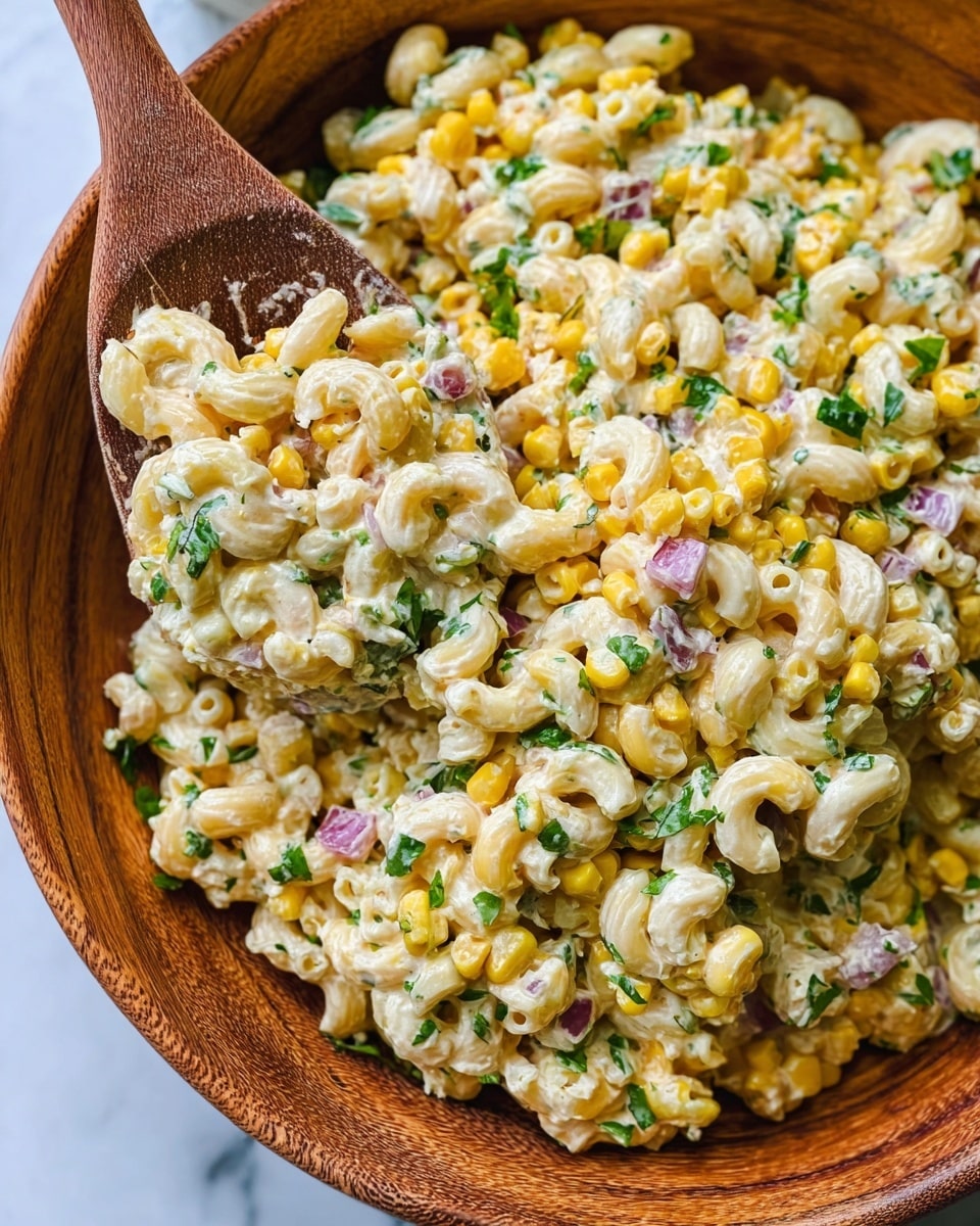 A close-up view of a wooden bowl filled with creamy macaroni salad. The salad has three main layers: small elbow macaroni covered in a light yellow sauce, bright yellow corn kernels mixed throughout, and bits of green herbs and small pieces of white cheese sprinkled evenly. Small purple pieces, possibly onions, add more color to the mix. A wooden spoon is scooping the salad from the bottom right side. The bowl sits on a white marbled surface. Photo taken with an iphone --ar 4:5 --v 7