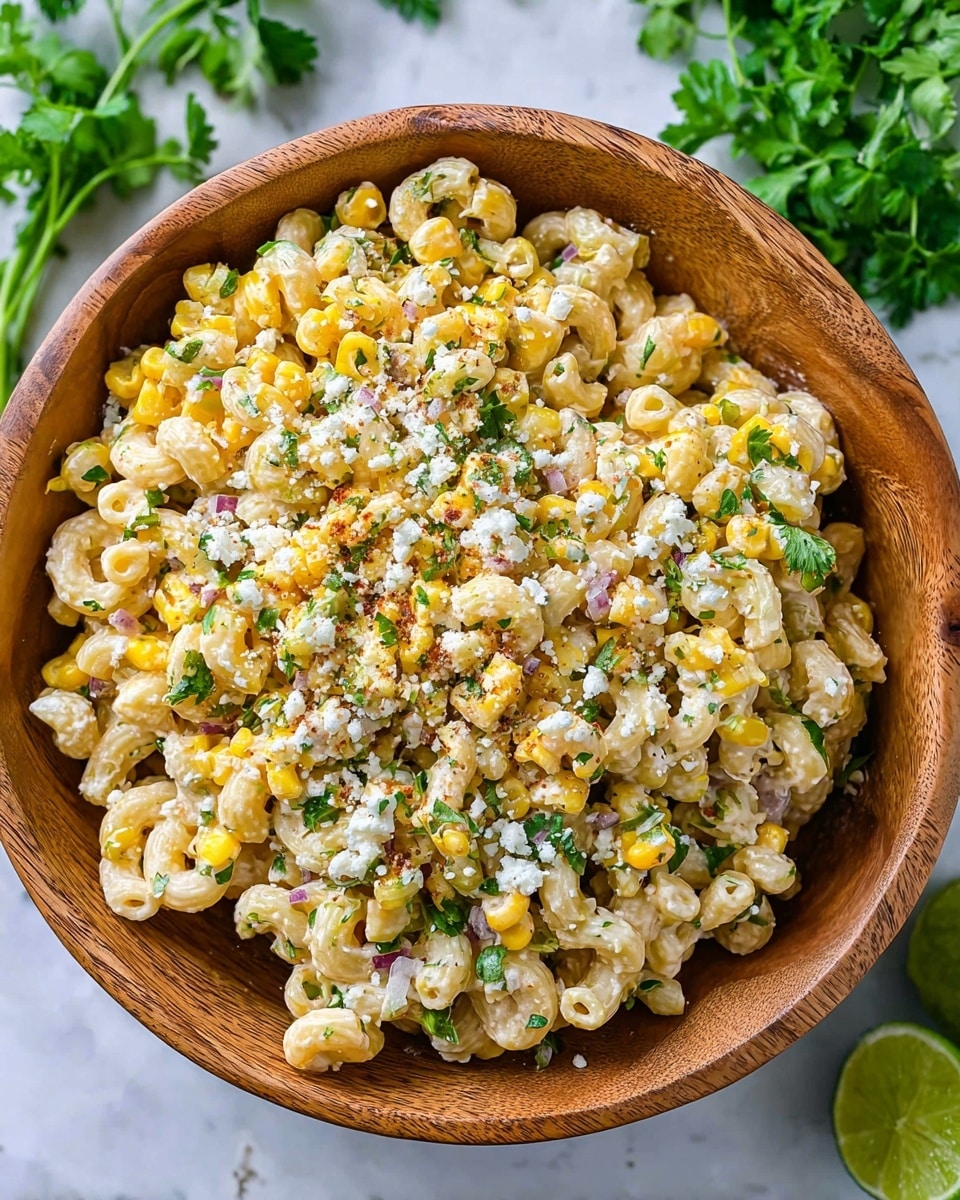 A wooden bowl filled with a creamy pasta salad made of elbow macaroni, bright yellow corn, small green parsley pieces, and white crumbled cheese sprinkled all over. The pasta is coated in a light creamy sauce, blending with the soft textures of corn and herbs. The bowl sits on a white marbled surface, with fresh green herbs to the upper left and a halved lime to the bottom right. Photo taken with an iphone --ar 4:5 --v 7