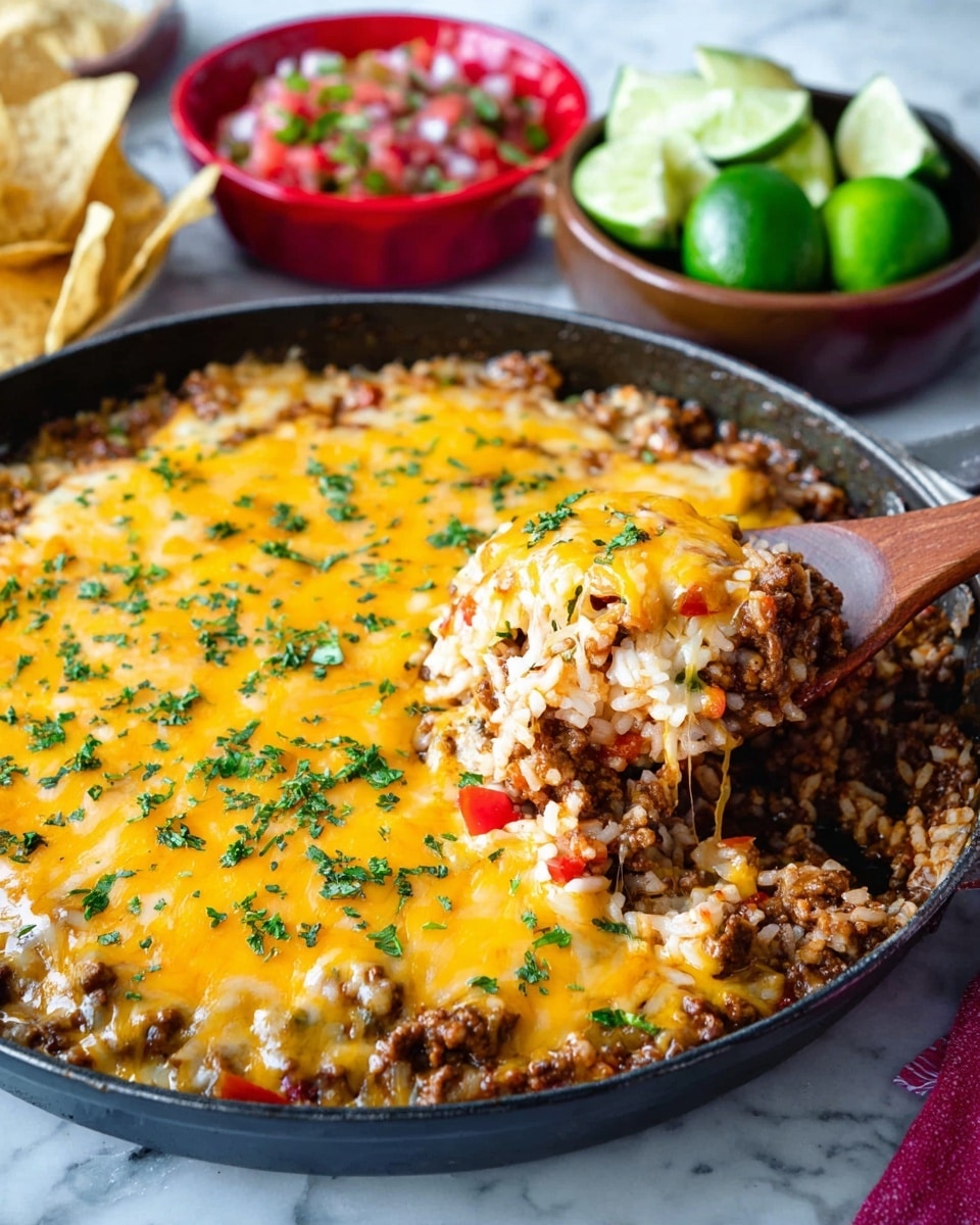 A close-up of a large black pan filled with a layered cheesy dish; the bottom layer is mixed cooked ground meat and rice with visible small red and green pieces, topped with a thick layer of melted yellow cheese sprinkled with small bits of chopped green herbs. A wooden spoon is scooping a portion out, showing the layered texture of meat, rice, and melted cheese with some herbs. In the background, a white marbled surface holds halved bright green limes, a red bowl filled with white tortilla chips, and a brown bowl with fresh red, green, and white salsa. Photo taken with an iphone --ar 4:5 --v 7