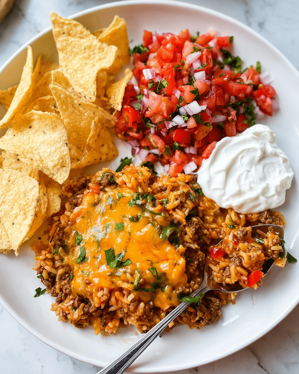 A white plate holds a colorful meal with four main parts: on the left side, several large, light yellow tortilla chips with a slightly rough texture; next to them, a pile of finely chopped red tomatoes mixed with green herbs and small white onion pieces, giving a fresh look; at the bottom right, a dollop of smooth, white sour cream; taking up most of the right side and center is a cheesy rice and ground beef mix, with orange melted cheese on top, bits of green herbs, and small red tomato pieces, showing a moist and soft texture with a shiny finish, a silver spoon scoops some of the rice mixture. The plate sits on a white marbled surface photo taken with an iphone --ar 4:5 --v 7