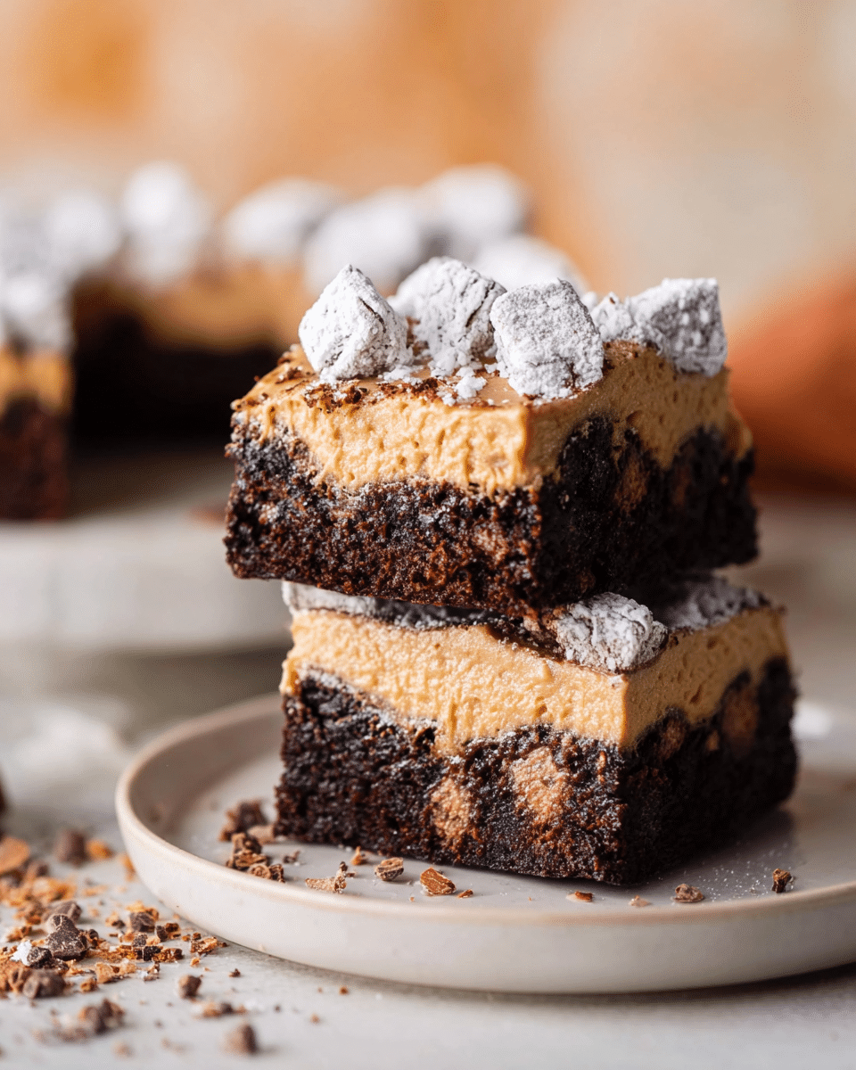 The image shows two thick square pieces of dessert stacked on a white plate with a white marbled surface underneath. Each piece has two layers: the bottom is a dark, rich chocolate cake with a moist texture and some chocolate chunks inside, and the top is a smooth, light tan frosting. On top of the frosting, there are several small, powdered white pieces that look soft and coated in sugar, arranged unevenly. Some powdered pieces and chocolate bits are scattered around the plate, adding a casual look. The background is softly blurred with warm colors. Photo taken with an iphone --ar 4:5 --v 7
