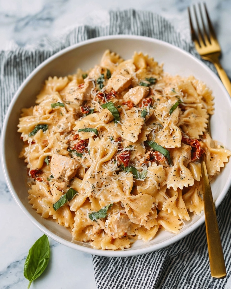A close-up view of a bowl filled with farfalle pasta coated in creamy light yellow sauce, mixed evenly with small pieces of light brown cooked chicken and scattered bright green spinach leaves. The sauce has a smooth, slightly thick texture with flecks of red from sun-dried tomatoes spread throughout. There are thin white shreds of cheese sprinkled on top, adding a slight rough texture to the soft pasta. The bowl is white, resting on a white marbled surface with a gold spoon partially visible, nestled in the pasta. The colors are warm with soft contrasts between the pale pasta, green spinach, red bits, and light brown chicken. photo taken with an iphone --ar 4:5 --v 7