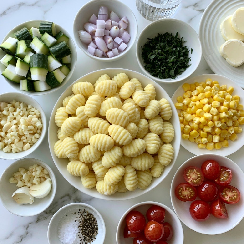 The image shows a top view of several white bowls and plates arranged on a white marbled surface, each containing different fresh ingredients. The center bowl is filled with a large pile of pale yellow gnocchi, which have a soft, ridged texture and oval shapes. Around this main bowl, smaller white bowls hold chopped green zucchini pieces with some white flesh showing, small diced light purple shallots, finely chopped dark green herbs, bright yellow corn kernels, and halved small red cherry tomatoes with glossy skins. Additionally, there are small white bowls containing diced or minced garlic, white butter slices, and a mix of salt and black pepper. There is also a glass containing pale yellow white wine. The ingredients are cleanly arranged, showing fresh colors and textures clearly. Photo taken with an iphone --ar 4:5 --v 7