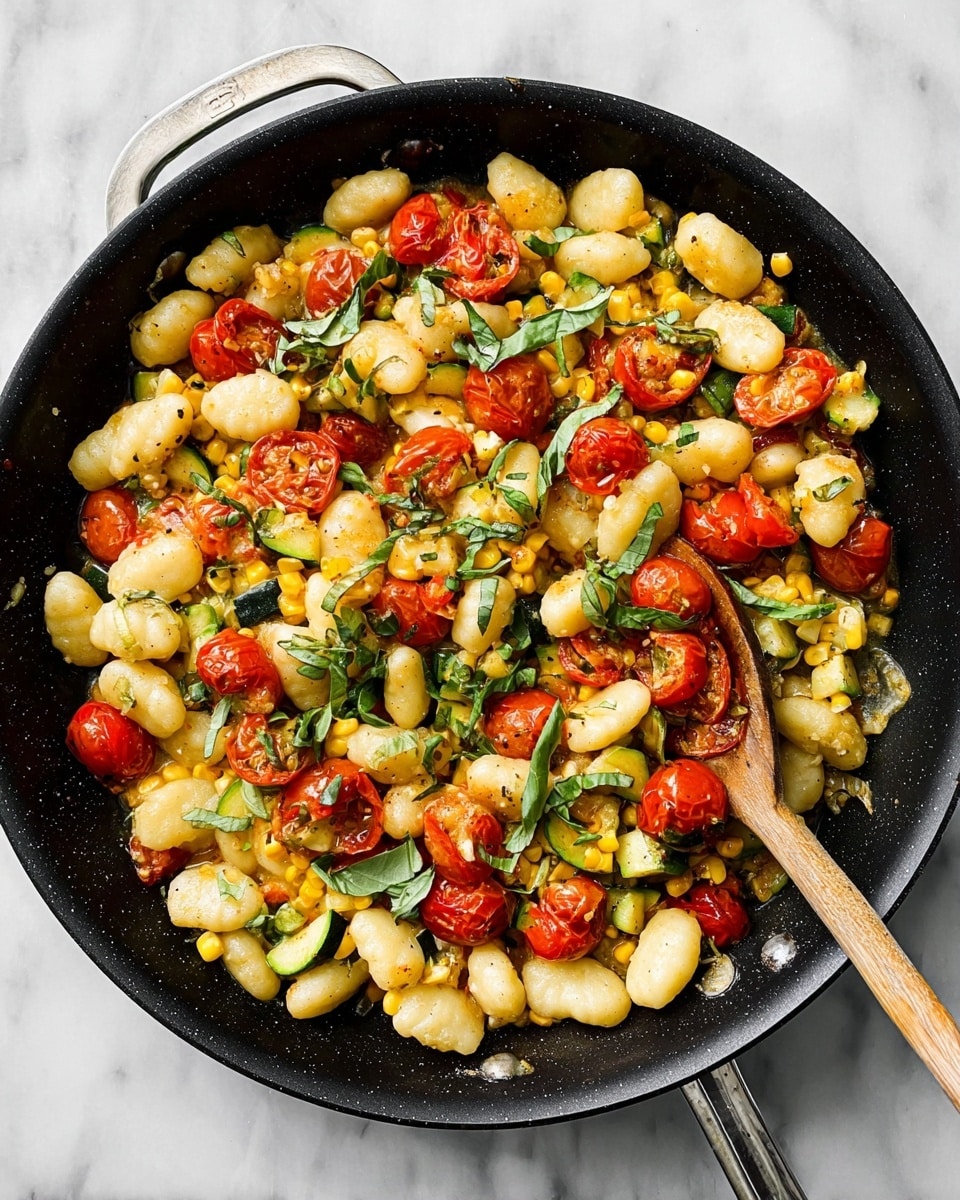 A black skillet filled with about three layers of food: the bottom layer is small, white gnocchi pieces with a soft, textured surface; mixed within are bright yellow corn kernels and small, diced green zucchini pieces, creating a slightly chunky appearance. Scattered evenly on top are halved red cherry tomatoes with a shiny, slightly roasted look, and the dish is garnished with thinly sliced green basil leaves spread over everything. A wooden spoon sits in the skillet, partially covered by the food, and the skillet handle is metal, resting on a white marbled surface. photo taken with an iphone --ar 4:5 --v 7
