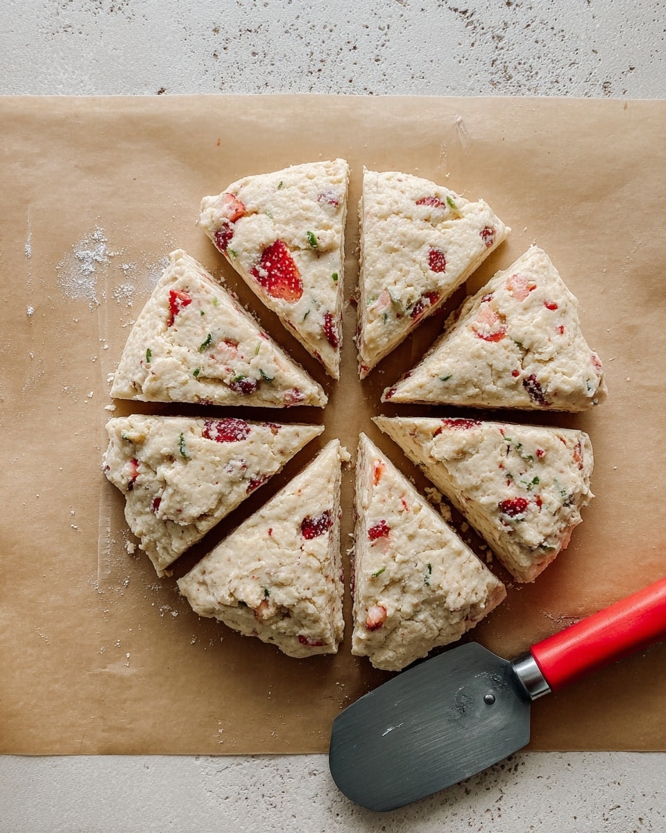 A round dough disc is sliced into eight triangle pieces on brown parchment paper over a white marbled textured surface. The dough is thick, pale beige, speckled with visible pieces of red strawberries and small green bits throughout. The texture looks rough and crumbly. On the bottom right corner, a metal spatula with a red handle lies partly under the dough. Photo taken with an iphone --ar 4:5 --v 7