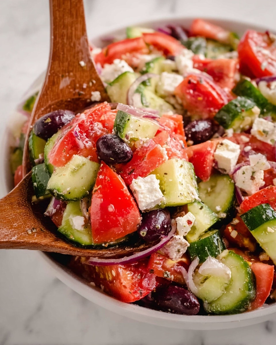 A white bowl filled with a fresh Greek salad showing layers of chopped red tomatoes, thick cucumber slices with green skin, small pieces of white feta cheese, dark purple olives, and thin rings of red onion. The ingredients are mixed together with a light dressing, giving them a slightly shiny look. Two wooden spoons hold the salad, lifting some pieces from the bowl. The background is a white marbled texture. photo taken with an iphone --ar 4:5 --v 7