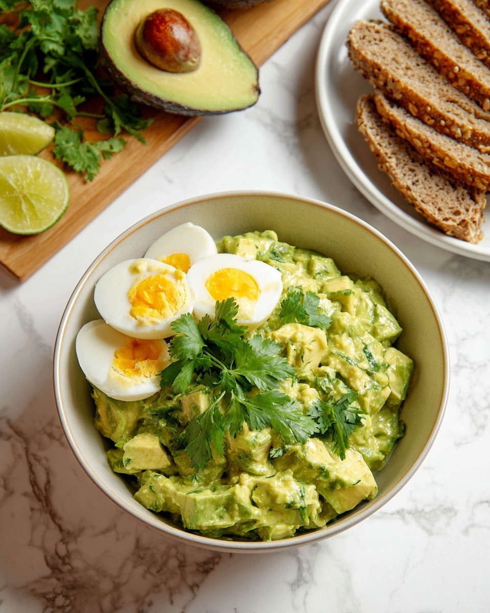 The image shows a bowl filled with a chunky green avocado salad topped with two halves of a boiled egg, featuring bright yellow yolks and white edges, garnished with fresh cilantro leaves. The bowl is off-white, sitting on a white marbled surface. In the background, half an avocado with its seed, lime slices, and cilantro sprigs rest on a wooden board. To the right, there is a white plate with several slices of multi-grain bread. Photo taken with an iphone --ar 4:5 --v 7