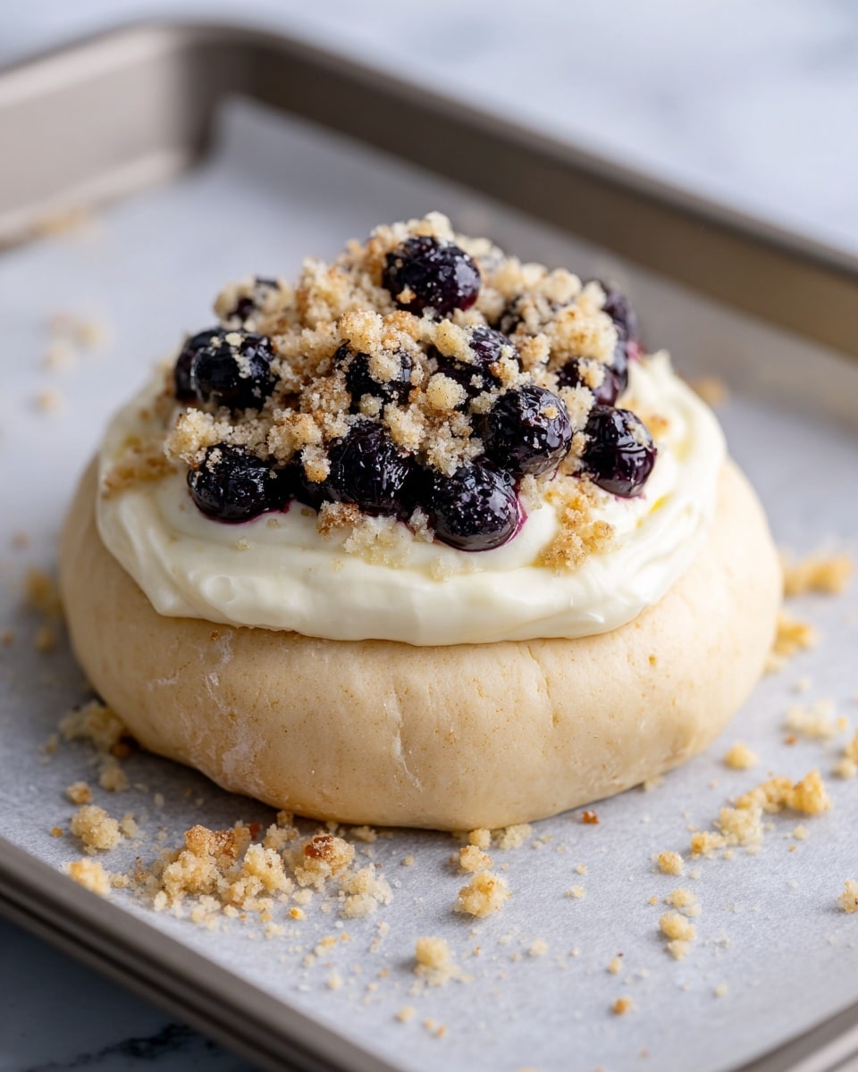 A soft, round dough base with a light golden color sits on a grey baking tray lined with white parchment paper, with some crumbly bits scattered around. On top of the dough is a thick, creamy white layer that looks smooth and slightly fluffy. Above the cream, there is a mound of small, plump dark purple blueberries, partially covered with a crumbly, light tan streusel topping that adds texture and contrasts with the smooth cream. The background features a white marbled texture. photo taken with an iphone --ar 4:5 --v 7