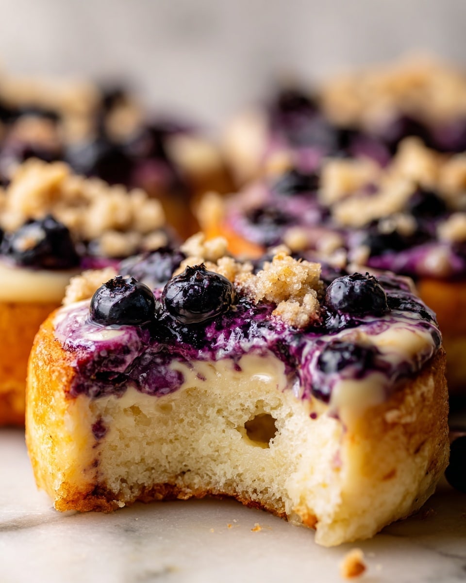 The image shows a close-up of a round baked good with three main layers. The bottom layer is a golden-brown dough with a soft, fluffy texture and some small air pockets. On top of this is a creamy, light beige layer swirled with thick purple blueberry sauce, giving it a marbled effect. The top layer is scattered with whole dark blueberries and small clumps of crumbly, light tan streusel that add texture. The focus is sharp on the front item, which has a bite taken out, while similar items blur softly in the background. The dish is placed on a white marbled surface. photo taken with an iphone --ar 4:5 --v 7