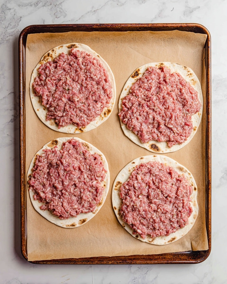 The image shows four round flatbreads placed on a baking sheet with brown parchment paper on top. Each flatbread has a thick layer of raw ground meat, spread evenly to cover almost the entire surface. The flatbreads are light beige with some brown spots from cooking, and the ground meat is a mix of pink and light red with white fat specks. The baking sheet sits on a white marbled texture. photo taken with an iphone --ar 4:5 --v 7