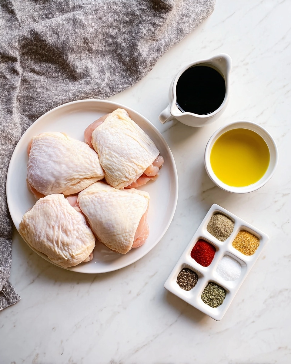 Four raw chicken thighs with pale pink skin lie on a white round plate placed on the left side of a white marbled surface. To the right of the plate are three small white containers: a small pitcher with dark soy sauce, a small bowl filled with yellow olive oil, and a rectangular dish divided evenly into six sections holding six different dry spices, including red, black, white, and green colors. A grey cloth sits in the top left corner, partially over the marbled background. photo taken with an iphone --ar 4:5 --v 7