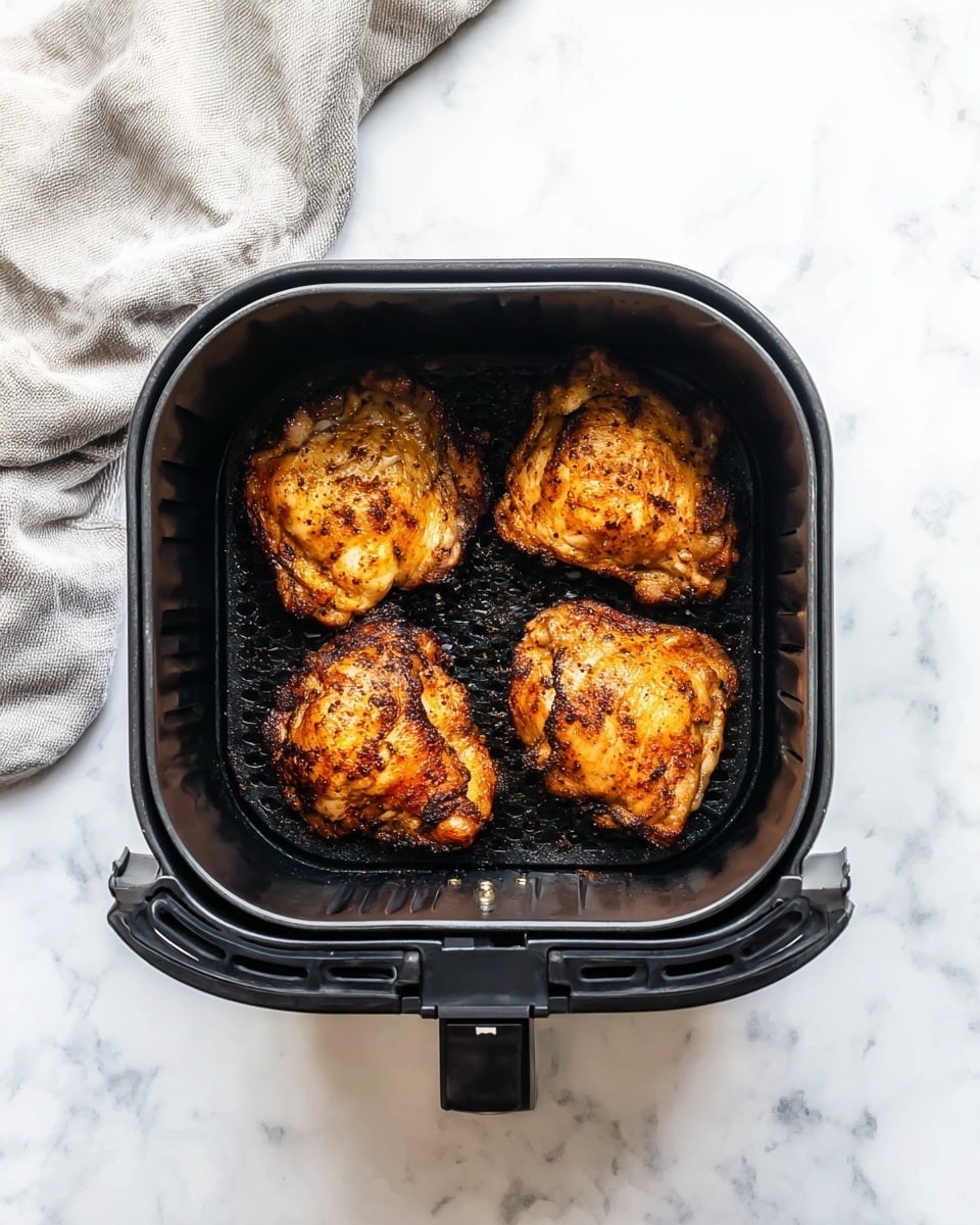 Four pieces of cooked chicken thighs with golden brown and slightly crispy skin are placed inside a black air fryer basket. The chicken pieces show a mix of darker charred spots and lighter rich brown areas, giving a textured look. The air fryer basket has a mesh-like bottom with small holes and slots for air circulation. The basket is set against a white marbled surface, with a light grey cloth draped casually to the upper left side. The overall setting is bright and clean. photo taken with an iphone --ar 4:5 --v 7
