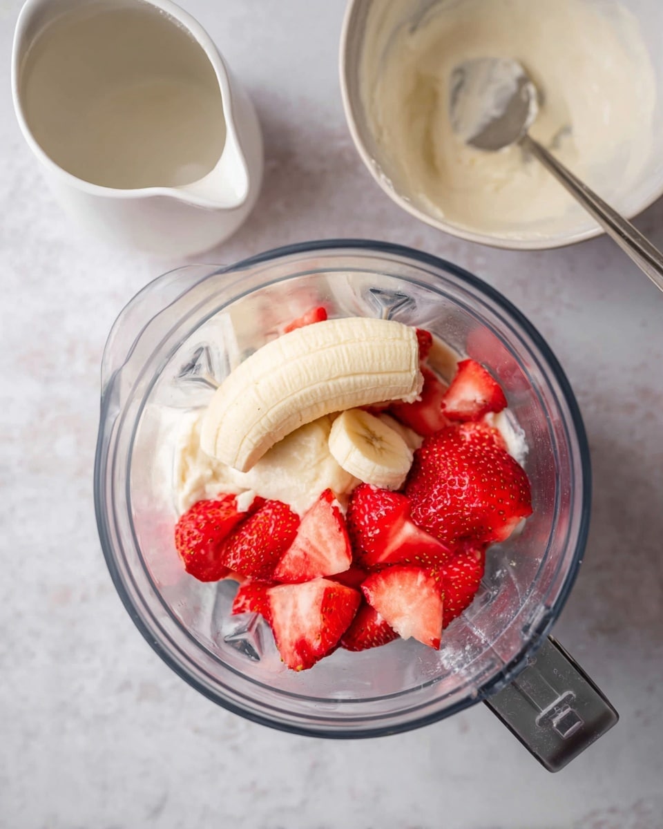 A clear blender container is filled with three main layers: the bottom layer is light cream-colored soft ice cream with a smooth but slightly chunky texture, the middle layer is bright red strawberry halves with a shiny surface and visible seeds, and on top is a peeled yellow banana with a smooth texture lying horizontally. To the top right, there is a white bowl with some white creamy mixture and a metal spoon inside, and to the top left, there is a white jug. The whole scene is set on a white marbled textured surface. photo taken with an iphone --ar 4:5 --v 7