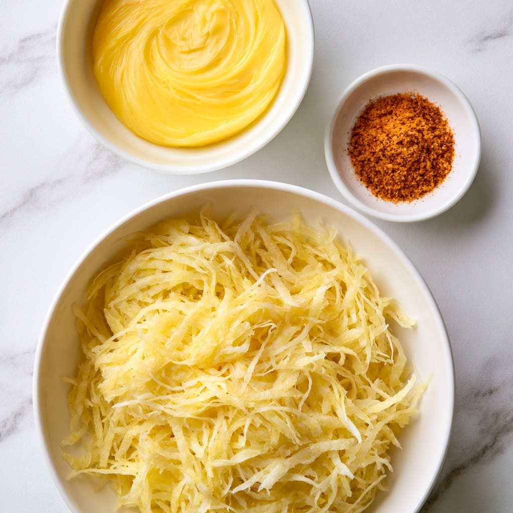 A top view of three white bowls on a white marbled surface, with the largest bowl at the bottom filled with pale yellow shredded hash browns showing soft, stringy texture; above it and to the left is a smaller white bowl containing smooth, bright yellow all-vegetable shortening or butter; to the right, a small white bowl holds a fine, orange-brown seasoned salt powder. photo taken with an iphone --ar 4:5 --v 7