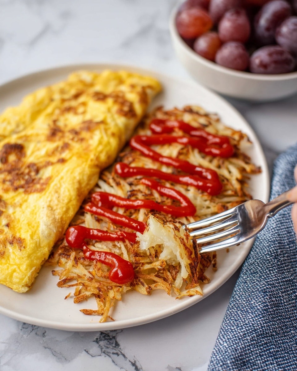The image shows a white plate on a white marbled surface with three main items arranged closely. On the left side, there is a golden-yellow omelette with visible cooked texture and slight brown spots. In the middle front, there are crispy hashbrowns made of thin, shredded potato strands cooked to a mix of light golden and browned edges, topped with zigzag lines of red ketchup sauce. To the back of the plate, a white bowl full of red and purple grapes sits partially in view. A woman’s hand holds a fork, touching the edge of the hashbrowns on the plate. A blue and white cloth napkin is on the right side of the image. Photo taken with an iphone --ar 4:5 --v 7