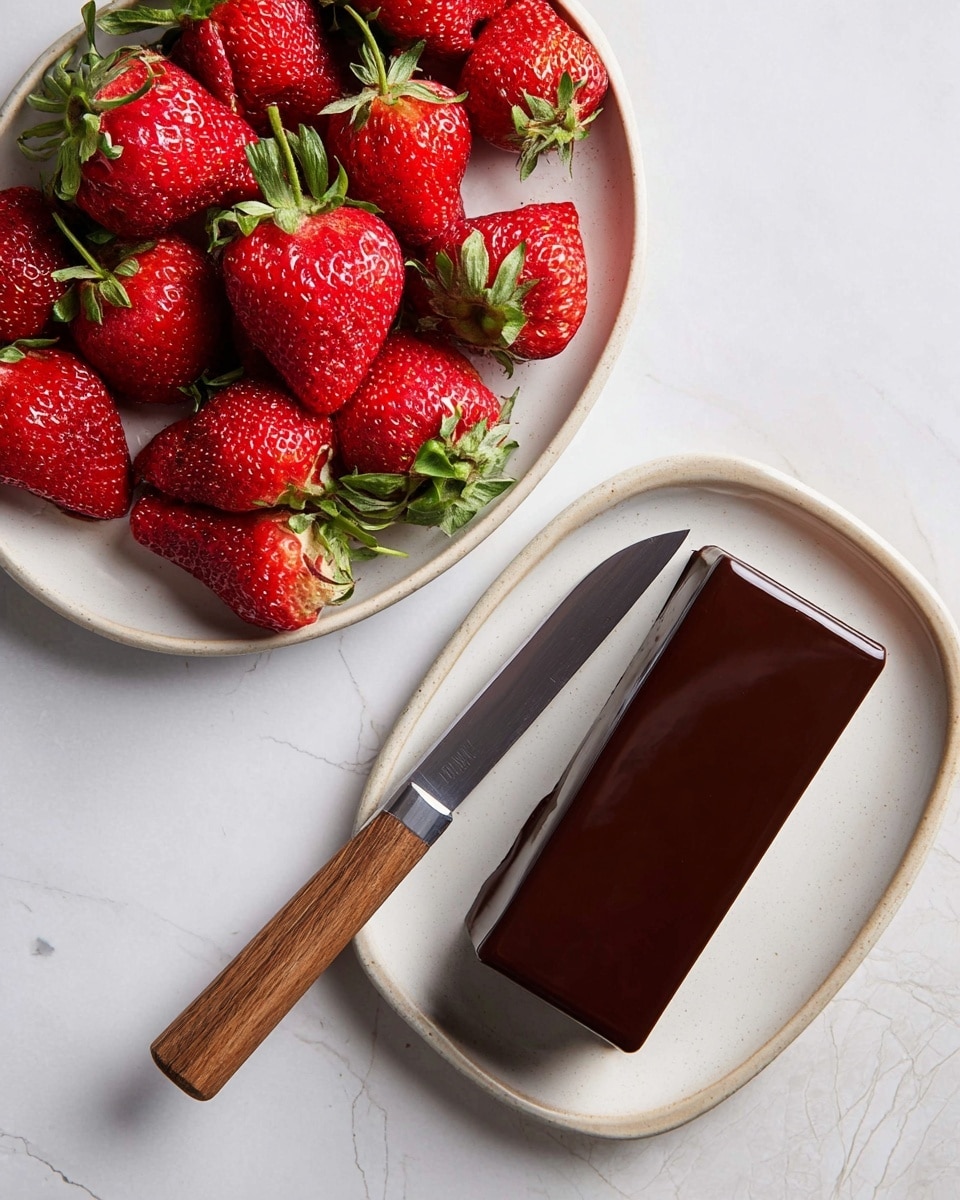 The image shows two white plates on a white marbled surface. The top plate is filled with fresh, bright red strawberries with green leaves. The bottom plate holds a rectangular block of dark, shiny chocolate with a smooth texture. A knife with a wooden handle rests diagonally across the bottom plate, with the blade touching the chocolate. photo taken with an iphone --ar 4:5 --v 7