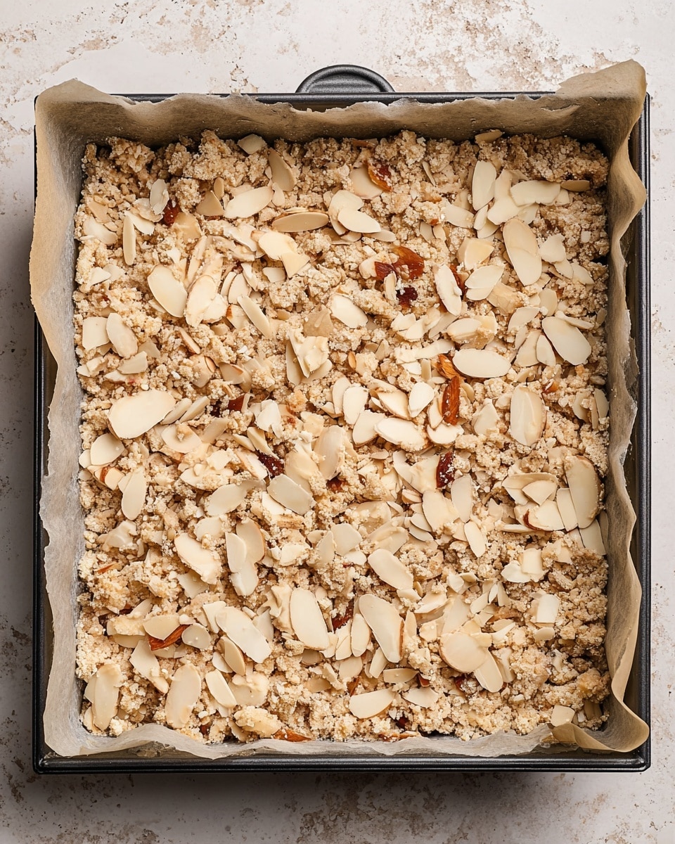 The image shows a square baking tray lined with parchment paper filled with a mixture of crumbly layers. The base layer looks coarse and grainy with a light brown color, topped generously with thinly sliced almond pieces that are off-white with some darker brown edges scattered unevenly across the surface. The texture of the crumble is rough and chunky, giving the impression of a crunchy nut topping over a softer base. The tray rests on a white marbled textured surface. Photo taken with an iphone --ar 4:5 --v 7
