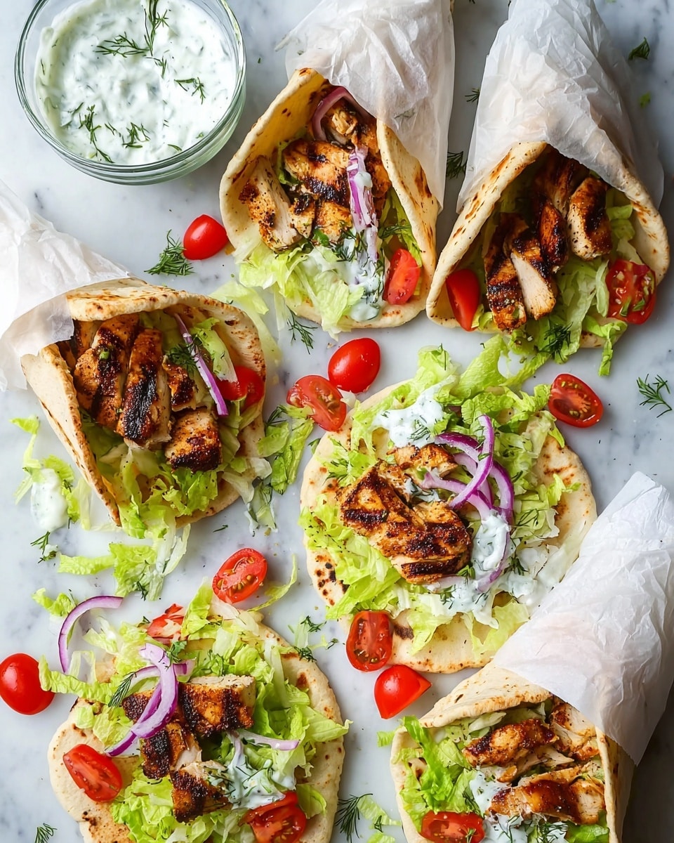 The image shows five wraps made with soft flatbreads, each filled with layers of grilled golden-brown chicken pieces with char marks, fresh shredded green lettuce, bright red cherry tomato halves, and thin slices of purple onion. The flatbreads are either open with toppings piled in the center or partially wrapped in white parchment paper. The wraps and scattered vegetable pieces rest on a white marbled surface. A clear glass bowl containing a white yogurt sauce with green dill sprinkled on top is placed near the wraps. The overall look is fresh, colorful, and inviting. Photo taken with an iphone --ar 4:5 --v 7