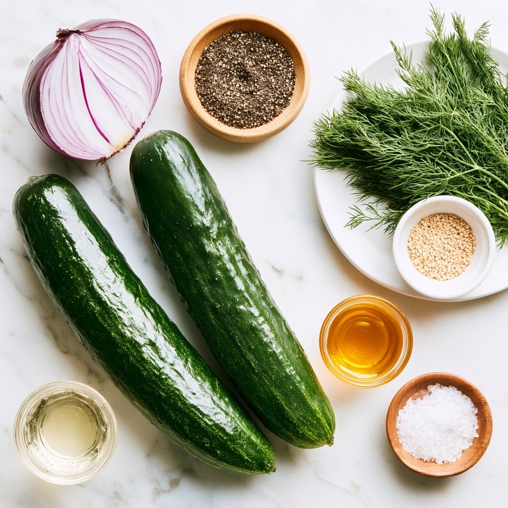 The image shows two long, dark green cucumbers with a shiny, textured skin placed on a white marbled surface. Next to them, there is a halved red onion with purple outer skin and white inside with purple lines. Above the cucumbers is a small round wooden bowl filled with coarse black pepper. To the right is a white plate with a bunch of fresh green dill and a small white bowl of light beige sesame seeds on it. Below the plate is a small glass cup with golden honey. On the bottom right corner, there is a small wooden bowl of white salt. Near the bottom left cucumber, there is a small clear glass filled with white wine vinegar. Each item is labeled with black text on a white background. Photo taken with an iphone --ar 4:5 --v 7