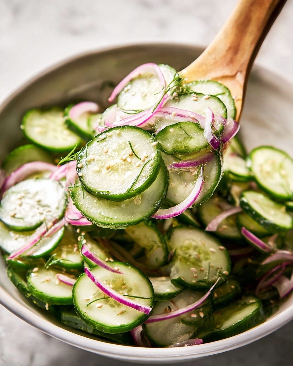 A close-up view of a fresh cucumber salad with thin, round slices of light green cucumber with dark green edges layered throughout the bowl, mixed with thin ribbons of purple-red onion and small sprigs of green dill. The salad is lightly sprinkled with small off-white sesame seeds, creating a natural texture on top. The wooden spoon lifting some salad from the white bowl shows the refreshing layers clearly. The bowl sits on a white marbled textured surface, enhancing the crisp and fresh feel of the dish. Photo taken with an iphone --ar 4:5 --v 7