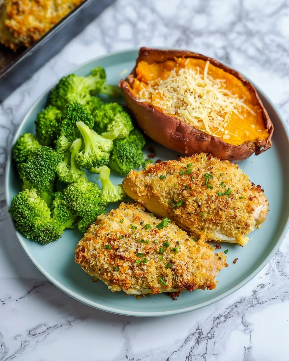 A round white plate holds three main parts: on the left, bright green broccoli with a fresh, slightly bumpy texture; in the center, two golden-brown baked chicken pieces covered with a crispy, lightly browned breadcrumb topping with some green herb flakes; on the right, a baked sweet potato, its orange inside mashed and topped with a few bits of crumbly cheese, all resting on a white marbled surface. Photo taken with an iphone --ar 4:5 --v 7