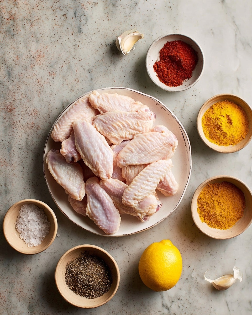 A white round plate filled with two layers of raw chicken wings, pale pink with smooth skin, placed on a white marbled surface. Around the plate are six small beige bowls holding different spices: bright yellow turmeric, dark red chili powder, light brown ground coriander, and dark brown cumin powder. There's also a bowl with salt and pepper mixed, two cloves of garlic, and half a lemon with a fresh yellow color. Photo taken with an iphone --ar 4:5 --v 7