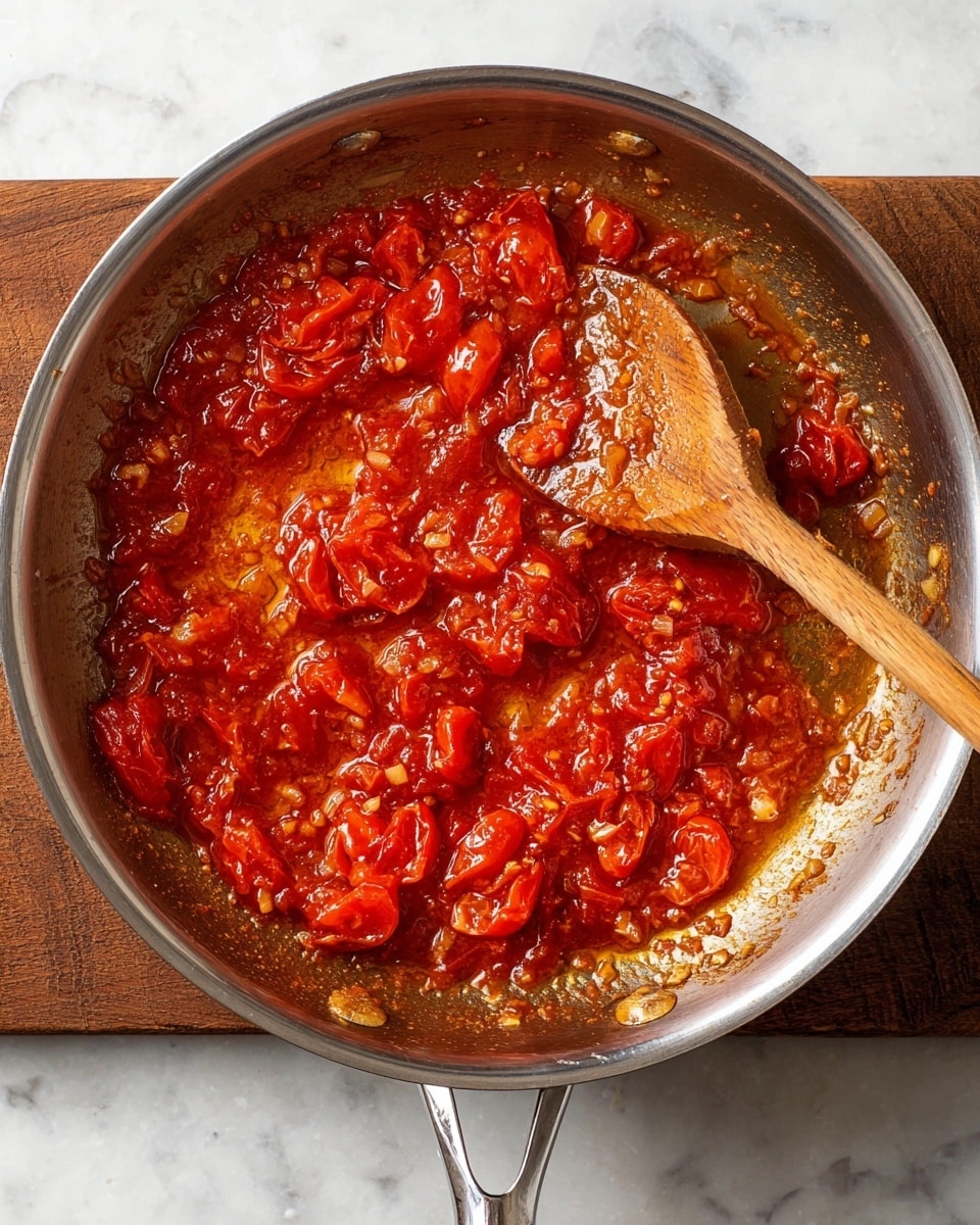 A shiny silver pan holds a chunky red tomato sauce with pieces of cooked tomatoes visible throughout. The sauce has a thick, slightly oily texture with some small bits of onion or garlic mixed in, giving it a rich and hearty look. A wooden spoon with a smooth, brown surface rests inside the pan, partially covered by the sauce. The pan is set on a white marbled surface. photo taken with an iphone --ar 4:5 --v 7