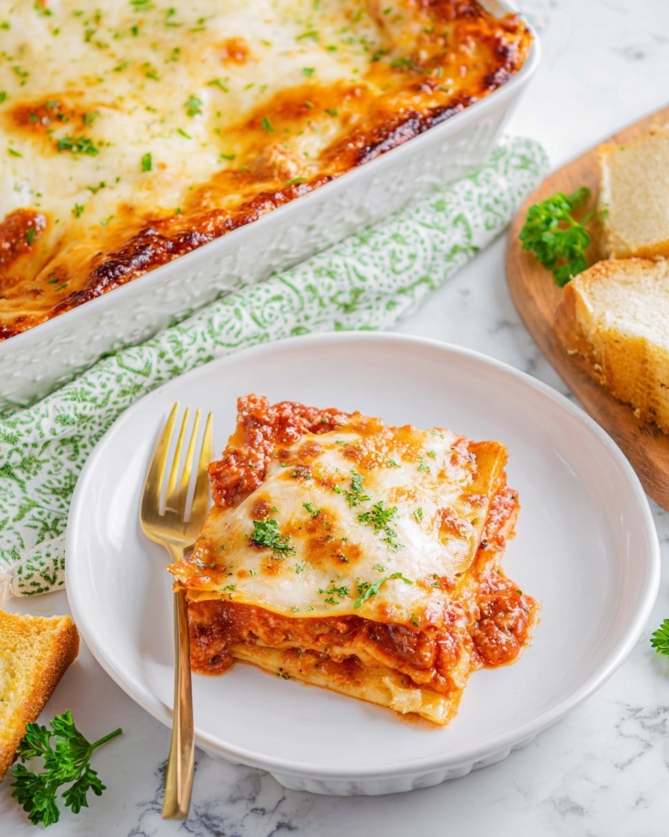 A square piece of lasagna sits on a white plate, showing three layers: the bottom layer is a light yellow pasta sheet, the middle layer is a chunky red tomato meat sauce, and the top layer is melted golden cheese with small browned spots and green parsley sprinkled on top. Next to the lasagna piece is a gold fork. The edge of a white rectangular baking dish filled with lasagna covered in bubbly melted golden cheese and a few parsley leaves is visible. The plate rests on a white marbled surface with a green and white patterned cloth and a wooden spoon nearby. Some garlic bread with melted cheese is at the bottom of the image. photo taken with an iphone --ar 4:5 --v 7
