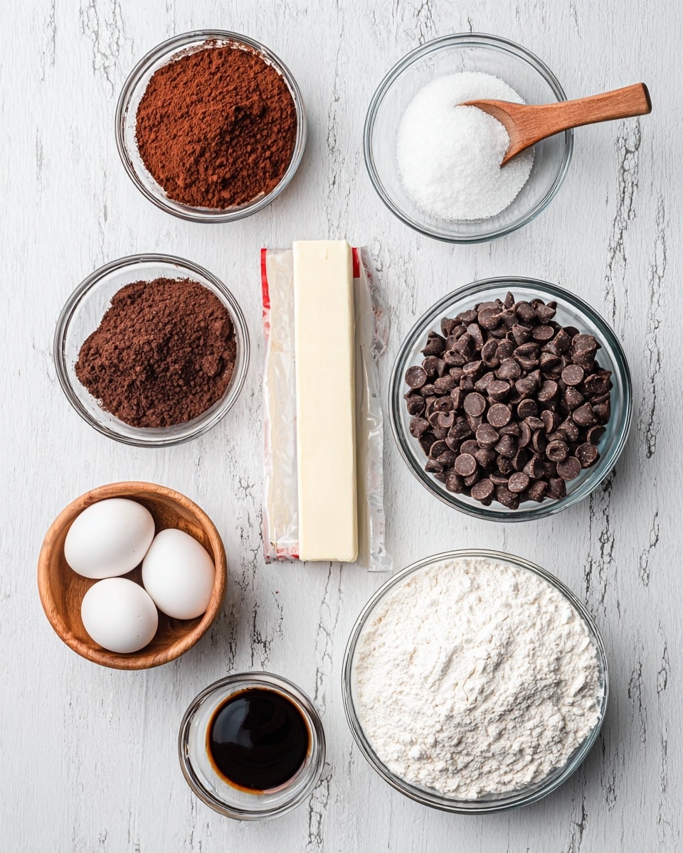 The image shows a top-down view of several ingredients arranged neatly on a white marbled surface. There are two white eggs in a small wooden bowl at the bottom left, a wrapped stick of butter in the center, and three clear glass bowls holding dark brown cocoa powder, white granulated sugar, and white flour spread around. Two large bowls filled with dark and milk chocolate chips are positioned near the top and bottom of the image. A small clear bowl with white powder and a wooden spoon filled with thick dark vanilla extract are also present near the middle. The setup is clean and organized, highlighting the textures and colors of the baking ingredients. photo taken with an iphone --ar 4:5 --v 7