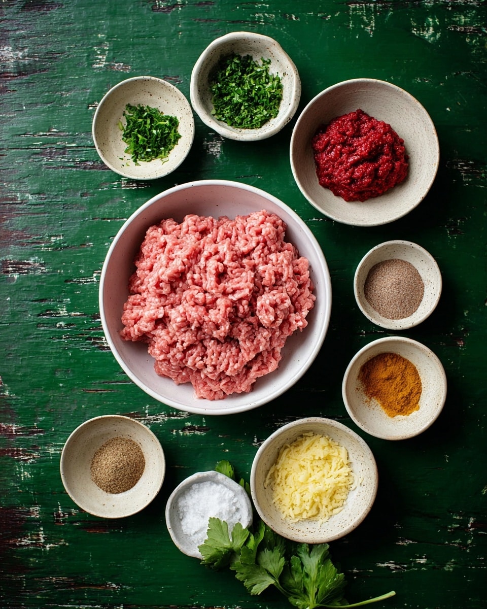 A white bowl filled with light pink ground meat sits in the lower left center, surrounded by smaller white and beige speckled bowls containing various ingredients: bright green chopped herbs in two bowls at the top left and far right, a deep red chunky paste in the top right bowl, two bowls with brown powdered spices near the top center and right center, a small white bowl with a light yellow minced ingredient at lower right, another white bowl with a pale yellow crushed or grated ingredient just below the meat bowl, and a few leaves of green herbs in a small bowl at bottom right. All are placed on a dark green, weathered wooden surface replaced by white marbled texture. Photo taken with an iphone --ar 4:5 --v 7