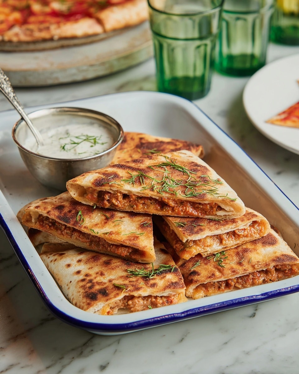A white rectangular tray with a blue rim holds several golden-brown grilled flatbread pieces cut in half to show two layers: the outer layer is thin, crisp, and browned flatbread, while the inner layer is filled with a moist, reddish mixture with visible herbs. The flatbreads are garnished with small green herb leaves. In the background, a small round white bowl filled with thick white sauce and a small silver spoon rests inside it. The tray sits on a white marbled surface with green glass cups and a white plate with a slice of pizza blurred in the background. photo taken with an iphone --ar 4:5 --v 7