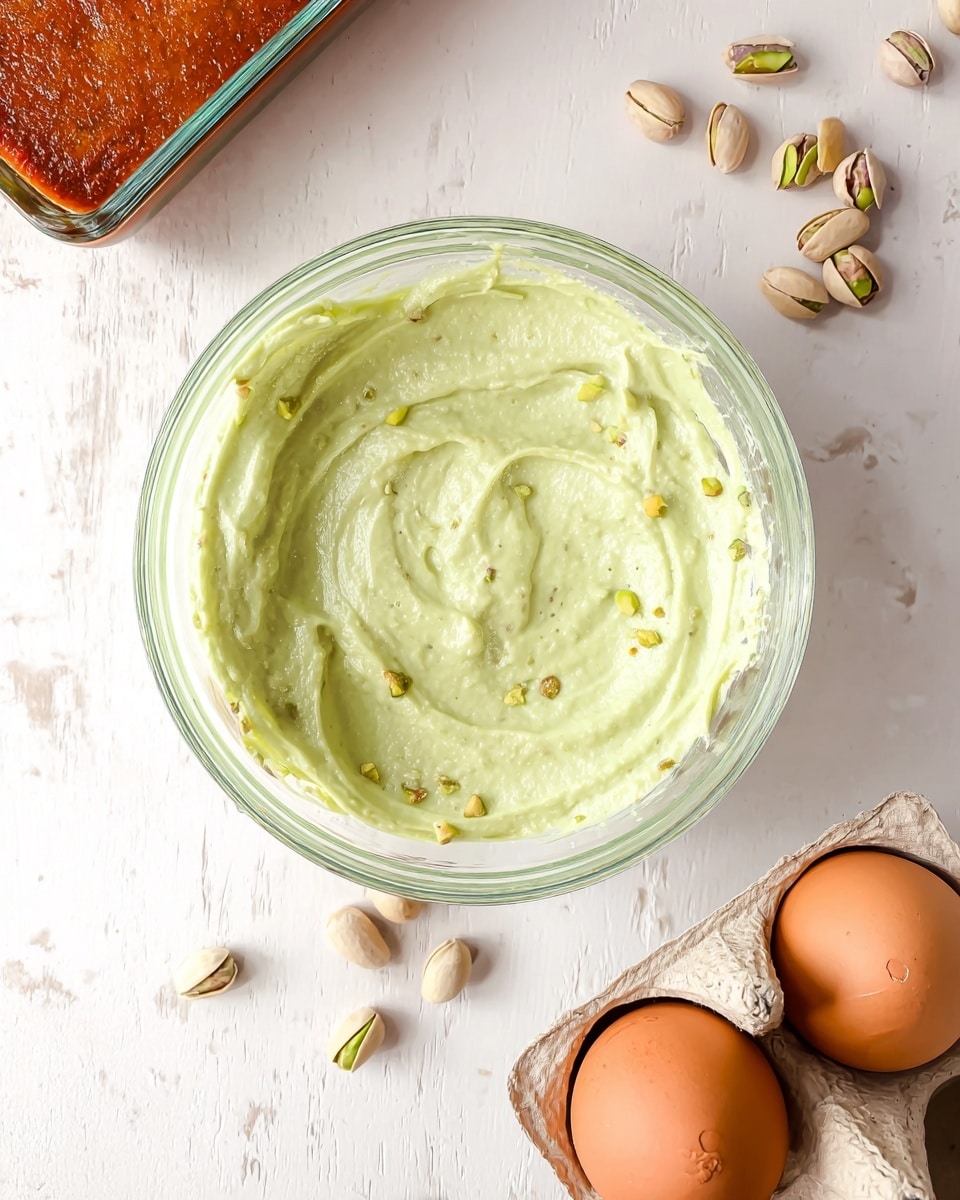 The image shows a clear glass bowl filled with a smooth, pale green creamy mixture with small bits of pistachio nuts visible inside. Next to the bowl, there are scattered pistachio nuts and a cardboard egg carton holding two brown eggshell halves. In the top left corner, there is a glass baking dish with a reddish-brown layer inside, possibly a baked dessert. All items rest on a white marbled textured surface. photo taken with an iphone --ar 4:5 --v 7