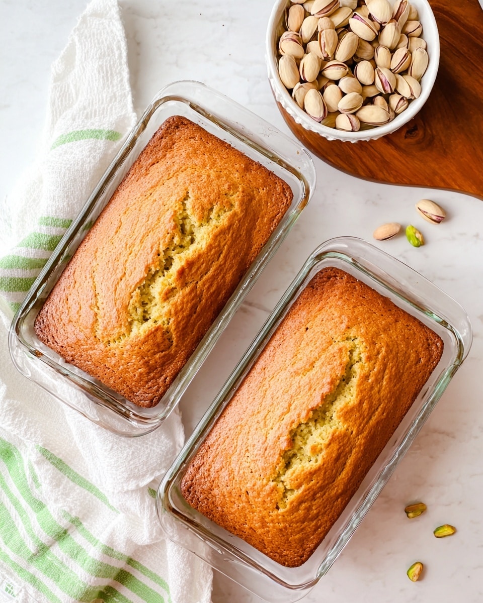 There are two rectangular glass baking dishes side by side, both filled with golden brown, slightly cracked loaf cakes with a soft and textured surface. To the top right, there is a white bowl filled with light beige pistachio nuts in shells, and a few nuts are scattered around it. In the upper left corner, a wooden board is partially visible. A white and green striped cloth is loosely placed on the bottom left corner of the image. All these items are set on a white marbled textured surface photo taken with an iphone --ar 4:5 --v 7