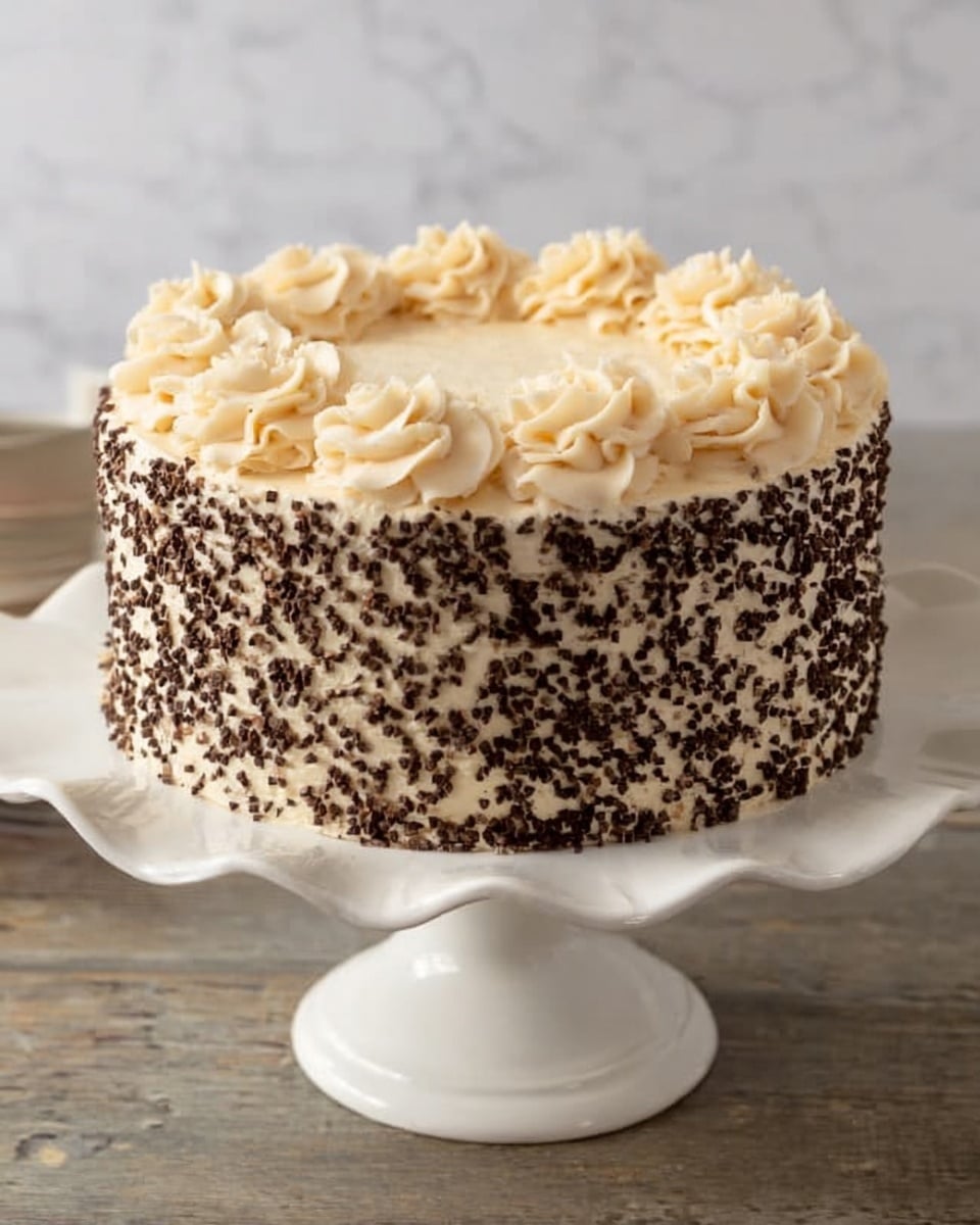 This image shows a round, layered cake on a white cake stand with a wavy edge, placed on a white marbled surface. The cake has three visible layers covered in smooth, cream-colored frosting. The sides of the cake are fully covered with small, dark chocolate chips, giving a textured look. The top of the cake is decorated with creamy frosting arranged in small, piped rosettes creating a soft, fluffy pattern. The colors mainly are light cream and dark brown from the chocolate chips, providing a nice contrast. Photo taken with an iphone --ar 4:5 --v 7
