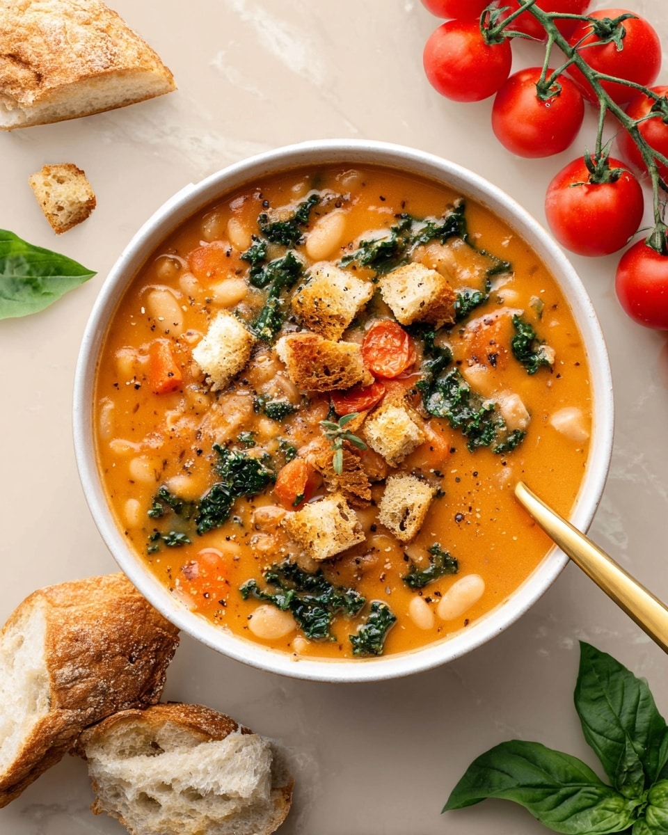 A white bowl filled with thick orange soup with visible slices of orange carrots, white beans, and small pieces of green leafy kale. On top, golden brown croutons are scattered, adding texture. A gold spoon rests inside the bowl, partially submerged in the soup. The bowl is placed on a white marbled surface with a bunch of bright red cherry tomatoes on the vine in the top right corner and torn pieces of rustic bread with a golden crust arranged near the bottom left. Fresh green basil leaves are partially visible on the right side. The overall look is warm and inviting. photo taken with an iphone --ar 4:5 --v 7