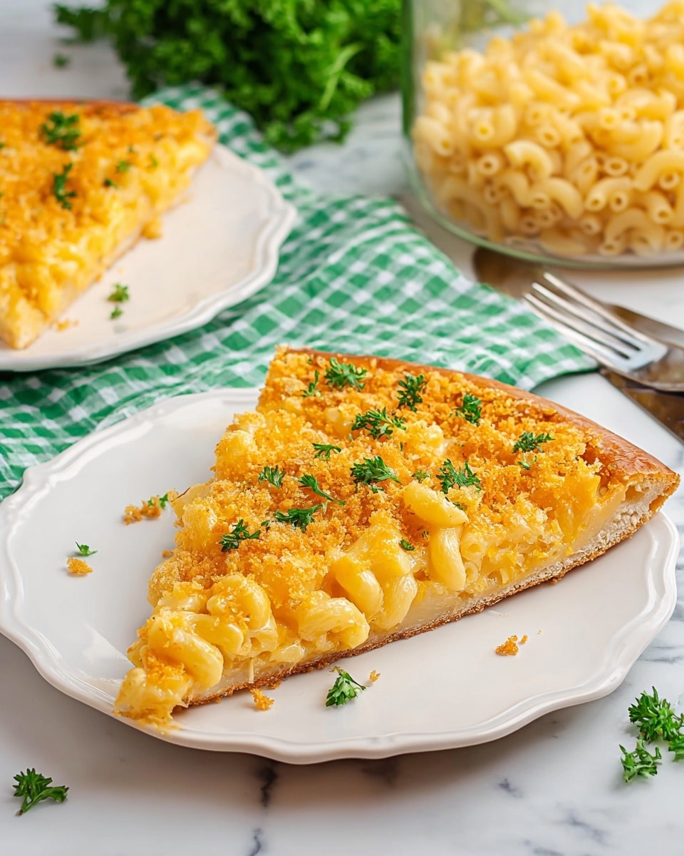 A slice of macaroni and cheese pizza sits on a white plate with scalloped edges, showing two layers: a thick, golden brown pizza crust base and a top layer of bright yellow macaroni covered in melted cheese and topped with golden crispy breadcrumbs. Small pieces of fresh green parsley are sprinkled over the macaroni, adding bright color. In the background, there is another slice on a similar white plate and a glass container filled with uncooked macaroni on a green and white cloth, all set on a white marbled surface. Photo taken with an iphone --ar 4:5 --v 7