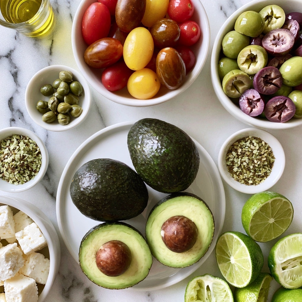 The image shows several small white bowls and a white plate on a white marbled surface. At the top center, there is a white bowl filled with red, yellow, and brown grape tomatoes. To the right, a white bowl is full of green and purple sliced olives. Below the tomato bowl, there is a small white bowl with green capers. Beside it, another small white bowl contains dried Italian seasoning in light green and brown colors. At the bottom center, a white plate holds four dark green avocados, two whole and two halves with light green inside and brown seeds. To the left, a small white bowl with feta cheese cubes is partially visible. At the bottom right, several lime halves and quarters display bright green skin and pale green insides. A small glass cup with light yellow olive oil is at the top left. photo taken with an iphone --ar 4:5 --v 7
