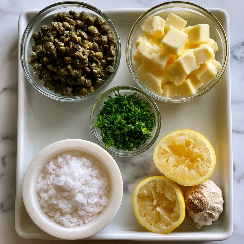 A top-down view of a white rectangular tray with five glass bowls and some loose ingredients on a white marbled surface. The top left bowl is filled with dark green capers with a rough texture. To the right of it is a bowl of pale yellow butter cubes, smooth and solid. Below the capers is a small bowl filled with finely chopped bright green parsley. At the bottom left is a round white stone bowl containing coarse white salt with a rough texture. To the right of the salt bowl, on the marbled surface, are two lemon halves showing their juicy, bright yellow inside, plus a whole garlic bulb with a rough, papery skin. All items are arranged neatly with some space between them. Photo taken with an iphone --ar 4:5 --v 7