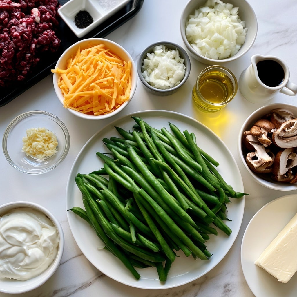 A white plate sits at the center of a white marbled surface holding fresh green beans. Surrounding it clockwise from top left, there is a white bowl with shredded orange cheddar cheese, a small gray bowl filled with chopped white onions, a small clear glass with golden olive oil, a small white jug with dark Worcestershire sauce, a small clear bowl with minced garlic, a small white bowl containing sliced brown mushrooms, a small white bowl with white sour cream, and a white plate holding a stick of cream cheese. At the top left corner, a black tray holds raw dark red ground beef next to a small white dish with black and white salt and pepper. All ingredients are neatly arranged with labels on the image. Photo taken with an iphone --ar 4:5 --v 7