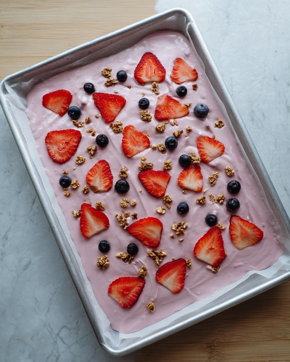 A large rectangular silver baking tray lined with white parchment paper holds one even layer of pink creamy mixture spread flat. On top are three toppings arranged lightly: bright red sliced strawberries with visible seeds, small whole dark blue blueberries, and small clusters of golden granola. The tray sits on a light wooden surface replaced by white marbled texture. photo taken with an iphone --ar 4:5 --v 7