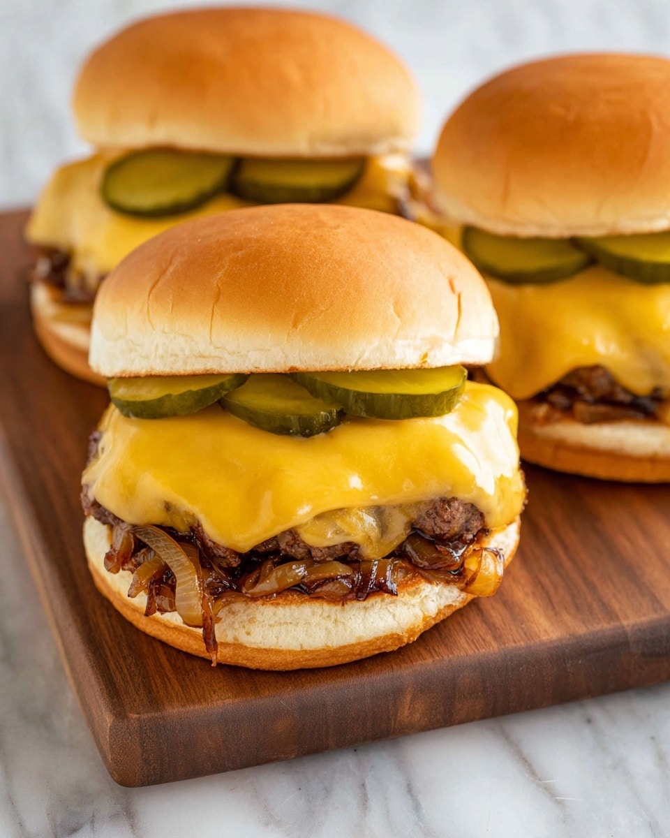 Three cheeseburgers sit on a wooden board with a white marbled background. Each sandwich has a soft, light brown top bun. Underneath, two thick green pickle slices rest on a bright yellow melted cheese layer. Below that is a juicy, cooked beef patty with a rough texture. The bottom layer shows caramelized, browned onions with a slightly charred look, sitting on the bottom bun. The sandwiches have a neat, stacked appearance with a warm color palette. photo taken with an iphone --ar 4:5 --v 7