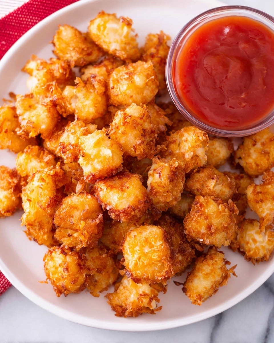 A white plate filled with many small, golden brown fried pieces that look crunchy and crispy, each piece showing a rough texture with some light and darker orange spots. In the top right corner of the plate, there is a small clear glass container holding bright red dipping sauce with a smooth texture. The plate sits on a white marbled surface, and a red and white cloth is partially visible on the left side. photo taken with an iphone --ar 4:5 --v 7