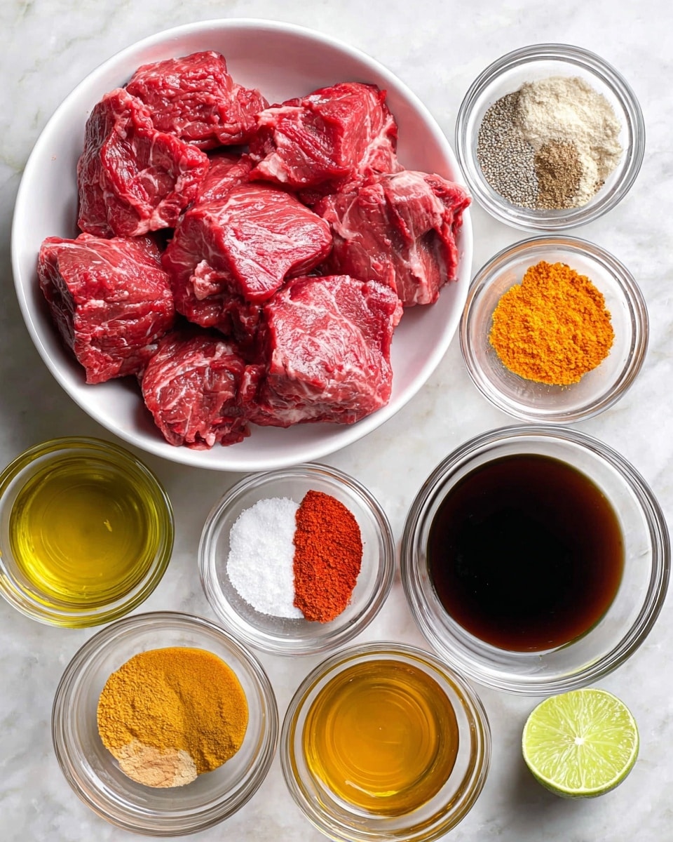 A top-down view of several clear glass bowls and one white bowl set on a white marbled surface; the largest white bowl holds many thick, raw red meat chunks with white fat marbling; a smaller white bowl holds five spices arranged like pie slices: orange turmeric, beige granulated garlic, black pepper flakes, white salt, and red paprika; around these, clear glass bowls hold golden olive oil, dark soy sauce, light brown broth, and half a cut green lime with a juicy texture. photo taken with an iphone --ar 4:5 --v 7
