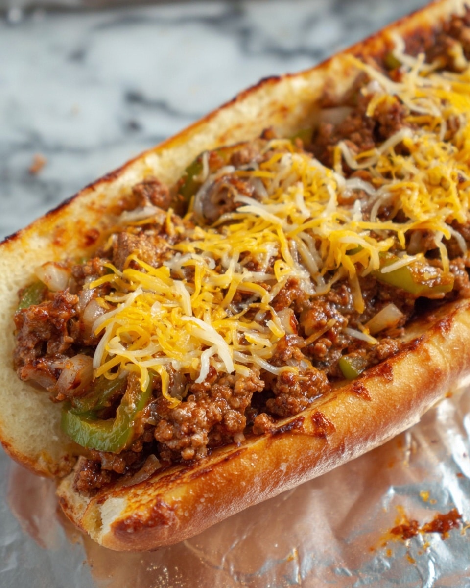 The image shows a close-up of a sandwich-like dish with one main layer. The base is a toasted, golden brown baguette split open. On top is a thick layer of cooked ground meat mixed with soft sautéed green bell pepper pieces and translucent sautéed onions. The meat mixture has melted shredded cheese scattered over it, with colors of pale yellow and light orange, covering the meat in patches. The sandwich is on a light wooden board with a soft white marbled texture background. The focus is sharp on the front sandwich piece with slightly blurred sandwich pieces behind it. photo taken with an iphone --ar 4:5 --v 7
