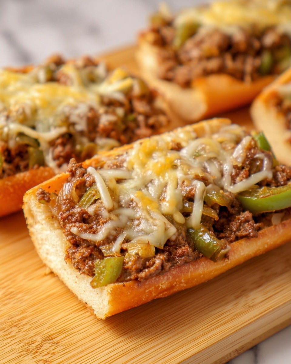 A close-up view of a sandwich layered on a toasted long bread roll with a golden-brown crust; the bottom layer consists of cooked ground meat mixed with bits of green and yellow bell peppers and onions, giving a textured and slightly chunky appearance. On top of the meat is a layer of shredded cheese, melted and slightly browned, with yellow and white strands spread evenly, creating a gooey texture over the filling. The sandwich rests on foil, with a white marbled surface in the background. photo taken with an iphone --ar 4:5 --v 7