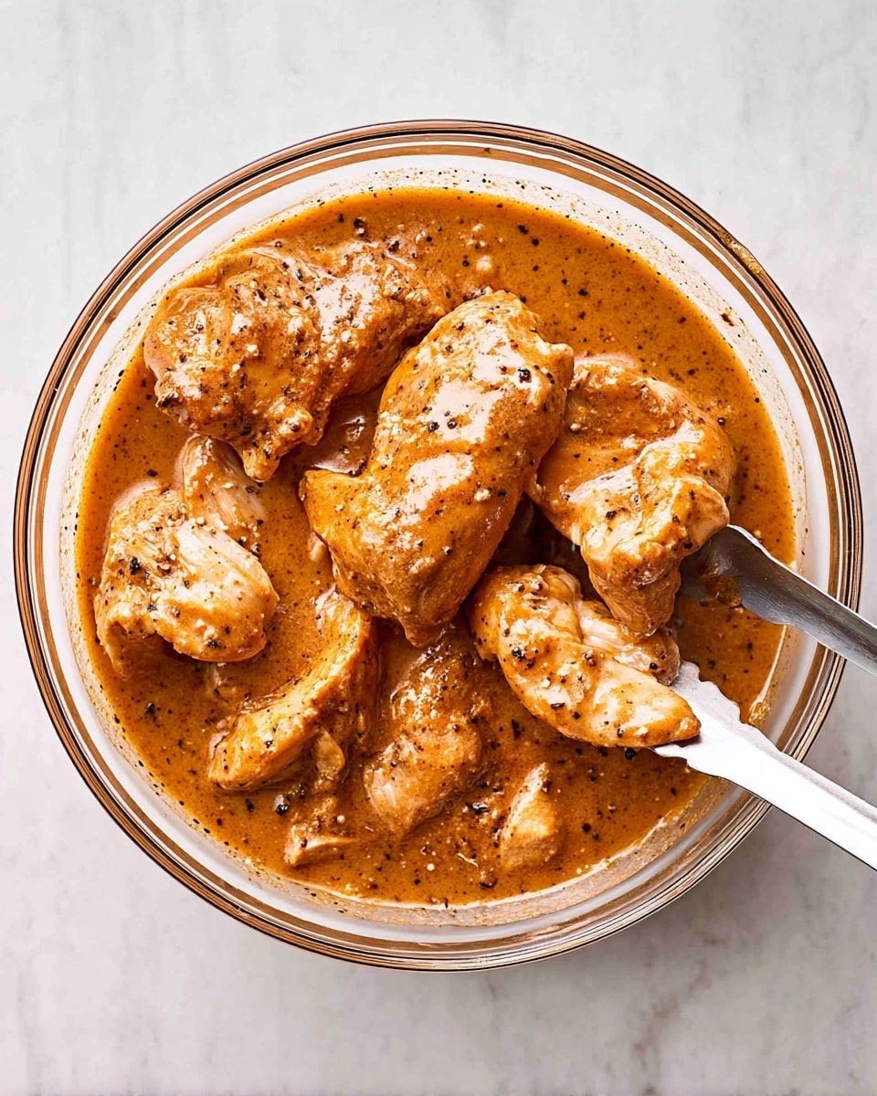 A clear round glass bowl holds several raw pieces of chicken coated in a thick, orange-brown sauce with visible black pepper specks spread evenly across the chicken and liquid. The chicken pieces are submerged in the sauce, which has a smooth texture and surrounds the irregular shapes of the chicken. A pair of silver tongs is gripping one piece of chicken on the right side of the bowl. The bowl sits on a white marbled surface. Photo taken with an iphone --ar 4:5 --v 7
